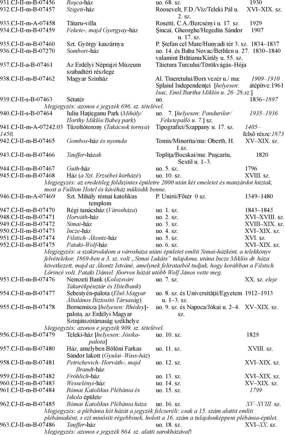 CJ-II-m-B-07270 Sombori-ház uo. 14. és Baba Novac/Bethlen u. 27. 1830 1840 valamint Brătianu/Király u. 55. sz. 937.
