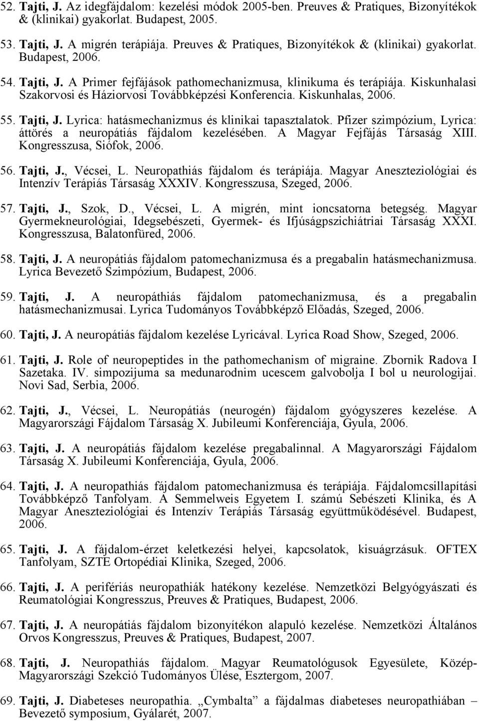 Kiskunhalasi Szakorvosi és Háziorvosi Továbbképzési Konferencia. Kiskunhalas, 2006. 55. Tajti, J. Lyrica: hatásmechanizmus és klinikai tapasztalatok.