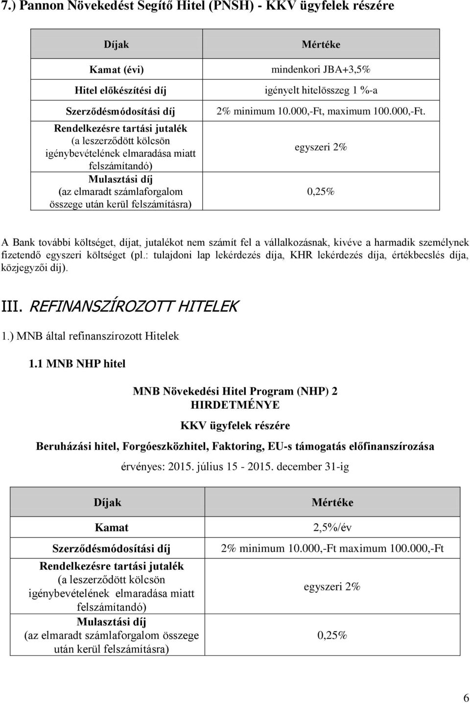 000,-Ft, maximum 100.000,-Ft. egyszeri 2% 0,25% A Bank további költséget, díjat, jutalékot nem számít fel a vállalkozásnak, kivéve a harmadik személynek fizetendő egyszeri költséget (pl.