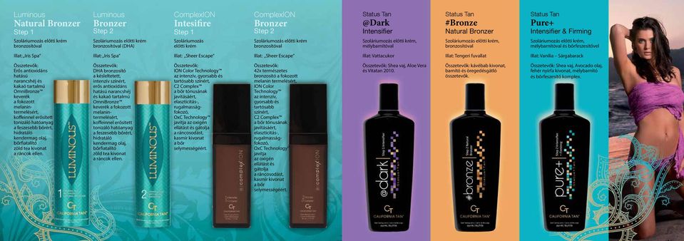 Illat: Iris Spa Illat: Sheer Escape Illat: Sheer Escape Illat: Vattacukor Illat: Tengeri fuvallat Illat: Vanília Sárgabarack Erős antioxidáns hatású narancshéj és kakaó tartalmú OmniBronze keverék a