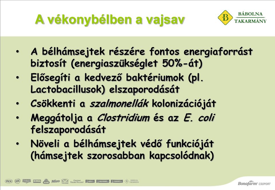 Lactobacillusok) elszaporodását Csökkenti a szalmonellák kolonizációját Meggátolja a