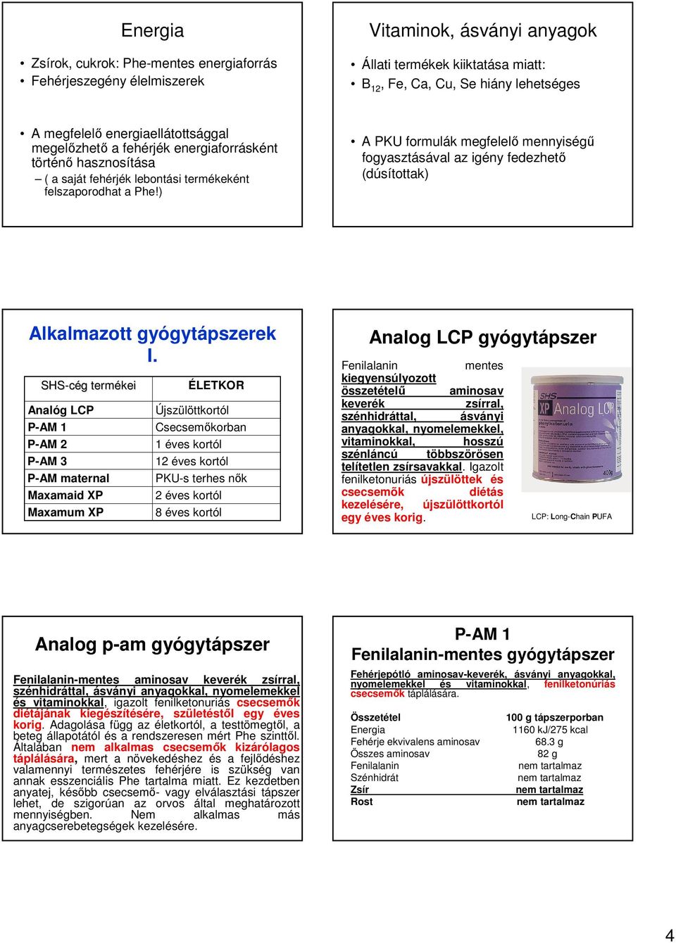 ) A PKU formulák megfelelő mennyiségű fogyasztásával az igény fedezhető (dúsítottak) Alkalmazott gyógytápszerek I.