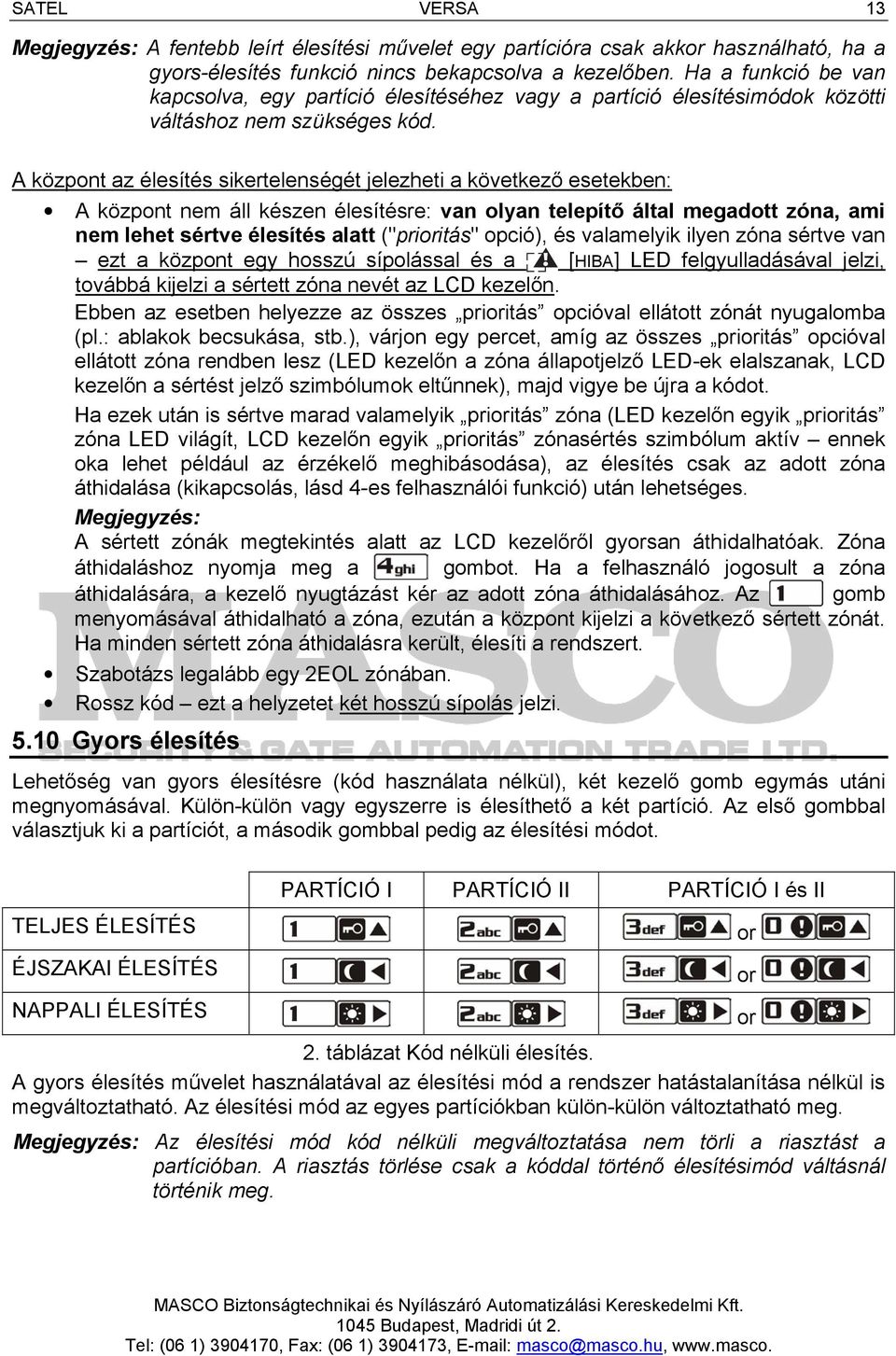 A központ az élesítés sikertelenségét jelezheti a következő esetekben: A központ nem áll készen élesítésre: van olyan telepítő által megadott zóna, ami nem lehet sértve élesítés alatt ("prioritás"