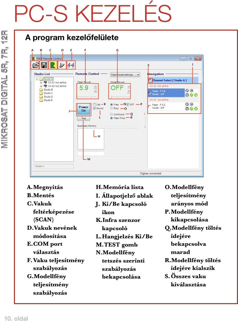Ki/Be kapcsoló ikon K.Infra szenzor kapcsoló L.Hangjelzés Ki/Be M.TEST gomb N.Modellfény tetszés szerinti szabályozás bekapcsolása O.