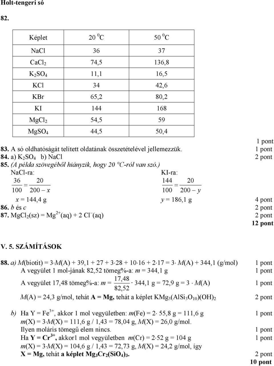 ) NaCl-ra: KI-ra: 6 20 144 20 0 200 x 0 200 y x 144,4 y 186,1 4 pont 86. b és c 87. MCl 2 (sz) M 2+ (aq) + 2 Cl (aq) 1 V. 5. SZÁMÍTÁSOK 88.