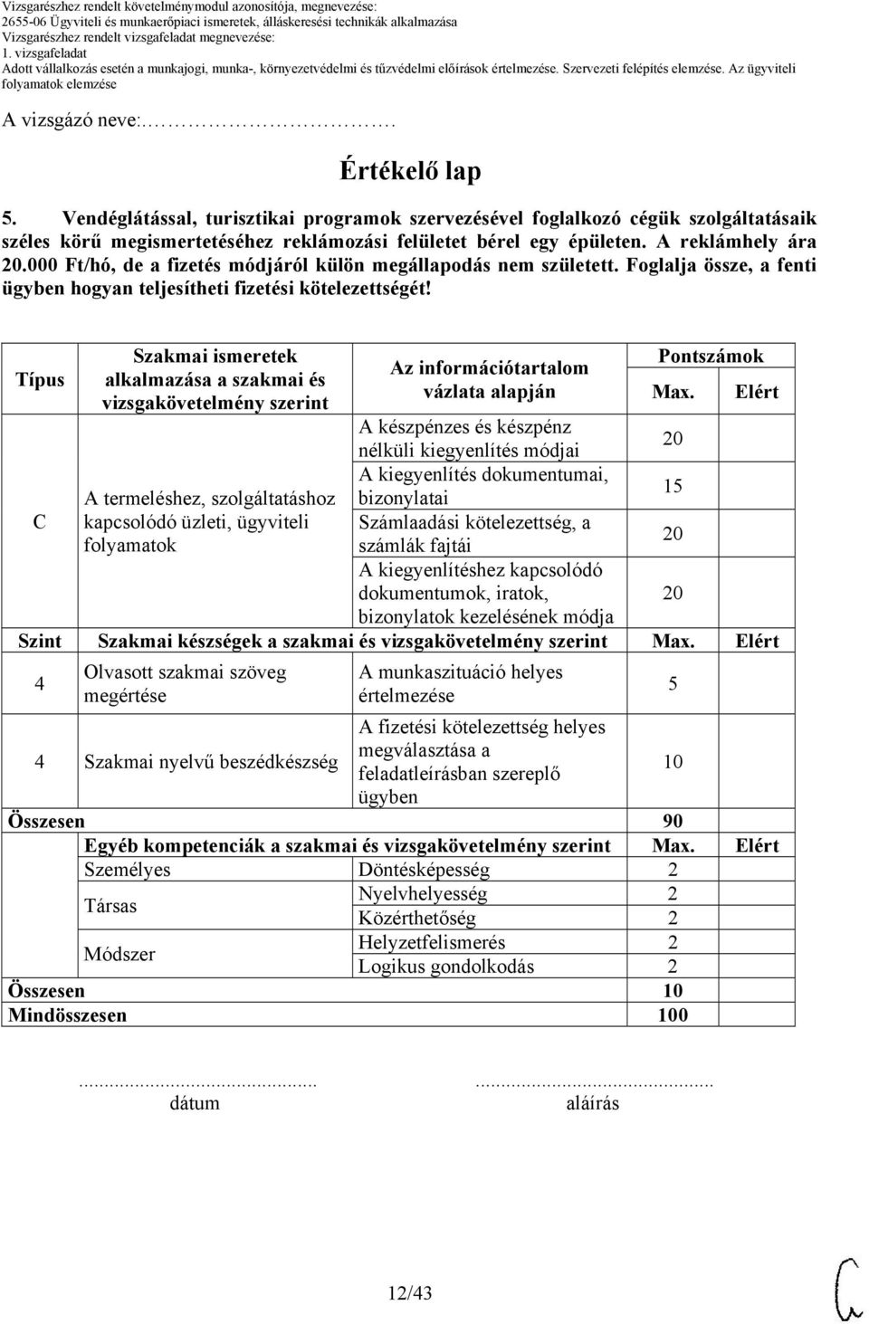 Típus Szakmai ismeretek alkalmazása a szakmai és vizsgakövetelmény szerint Az információtartalom vázlata alapján Pontszámok Max.