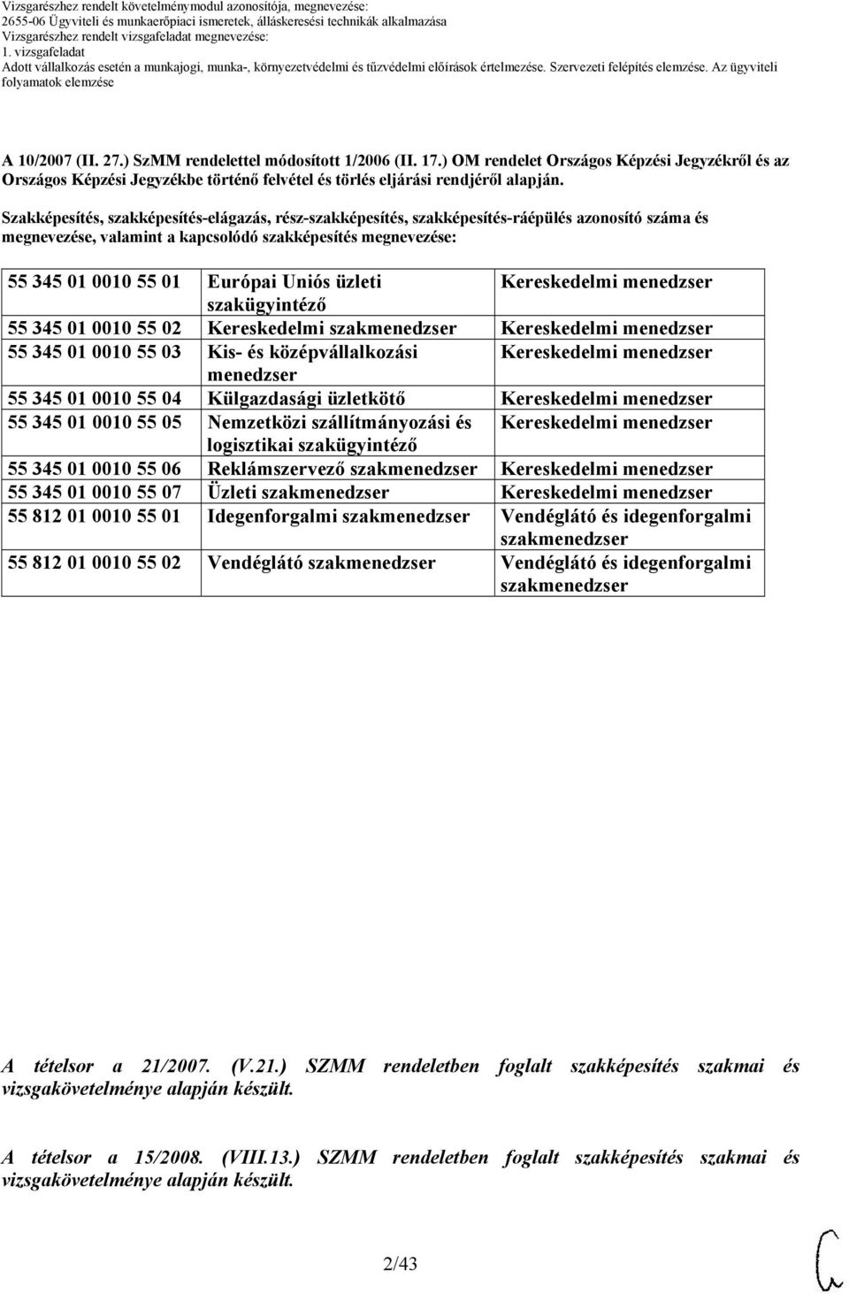 üzleti Kereskedelmi menedzser szakügyintéző 55 35 01 0010 55 02 Kereskedelmi szakmenedzser Kereskedelmi menedzser 55 35 01 0010 55 03 Kis- és középvállalkozási Kereskedelmi menedzser menedzser 55 35