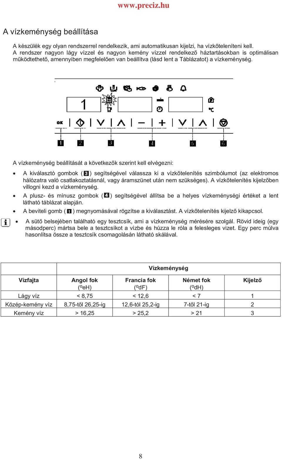 A vízkeménység beállítását a következk szerint kell elvégezni: A kiválasztó gombok ( ) segítségével válassza ki a vízktelenítés szimbólumot (az elektromos hálózatra való csatlakoztatásnál, vagy