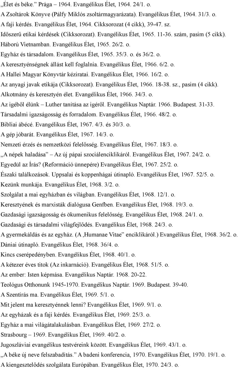 o. és 36/2. o. A keresztyénségnek állást kell foglalnia. Evangélikus Élet, 1966. 6/2. o. A Hallei Magyar Könyvtár kéziratai. Evangélikus Élet, 1966. 16/2. o. Az anyagi javak etikája (Cikksorozat).