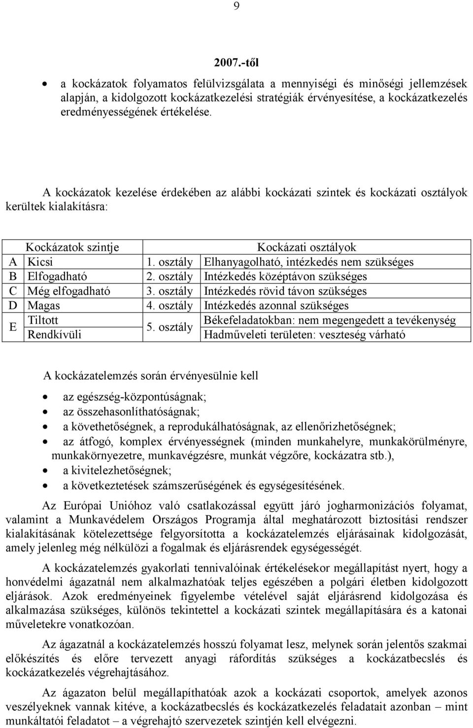 A kockázatok kezelése érdekében az alábbi kockázati szintek és kockázati osztályok kerültek kialakításra: Kockázatok szintje A Kicsi B Elfogadható C Még elfogadható D Magas Tiltott E Rendkívüli