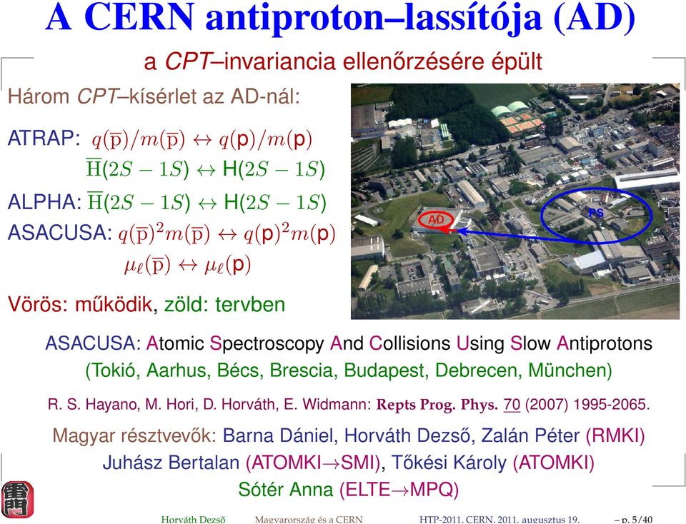 1S) ASACUSA: q(p) 2 m(p) q(p) 2 m(p) µ l (p) µ l (p) Vörös: működik, zöld: tervben ASACUSA: Atomic Spectroscopy And Collisions Using Slow Antiprotons (Tokió, Aarhus, Bécs,