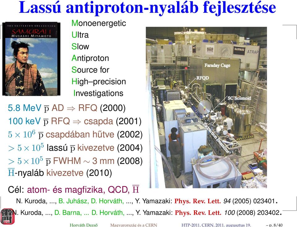 8 MeV p AD RFQ (2000) 100 kev p RFQ csapda (2001) 5 10 6 p csapdában hűtve (2002) > 5 10 5 lassú p kivezetve (2004) > 5 10 5 p FWHM 3mm (2008)