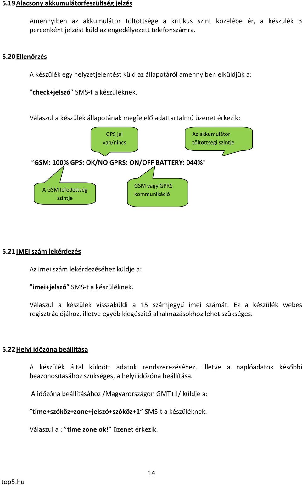 Válaszul a készülék állapotának megfelelő adattartalmú üzenet érkezik: GPS jel van/nincs Az akkumulátor töltöttségi szintje GSM: 100% GPS: OK/NO GPRS: ON/OFF BATTERY: 044% A GSM lefedettség szintje