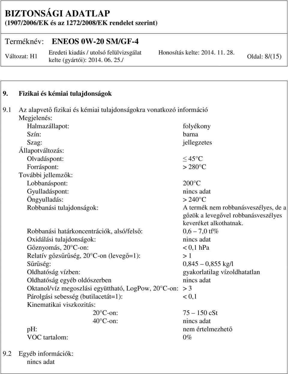 jellemzők: Lobbanáspont: 200 C Gyulladáspont: nincs adat Öngyulladás: > 240 C Robbanási tulajdonságok: A termék nem robbanásveszélyes, de a gőzök a levegővel robbanásveszélyes keveréket alkothatnak.