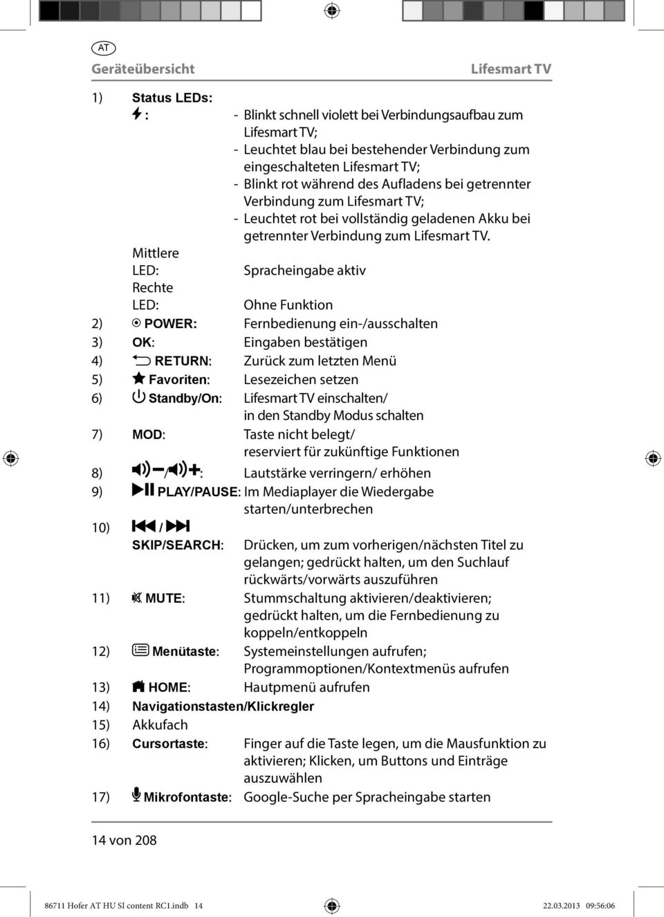 Mittlere LED: Spracheingabe aktiv Rechte LED: Ohne Funktion 2) POWER: Fernbedienung ein-/ausschalten 3) OK: Eingaben bestätigen 4) RETURN: Zurück zum letzten Menü 5) Favoriten: Lesezeichen setzen 6)