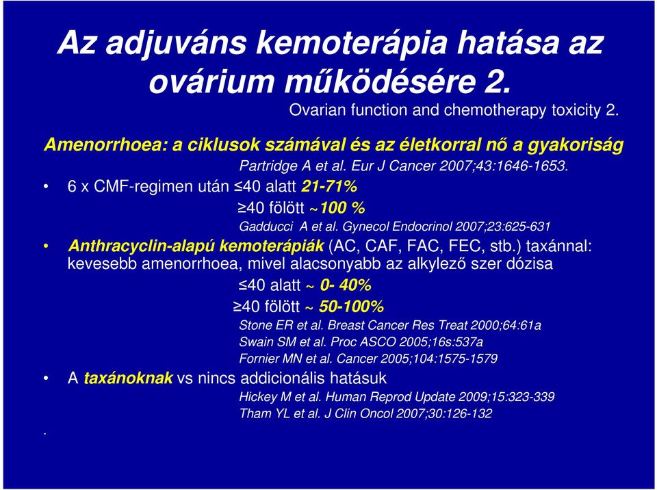 Gynecol Endocrinol 2007;23:625-631 Anthracyclin-alapú kemoterápiák (AC, CAF, FAC, FEC, stb.