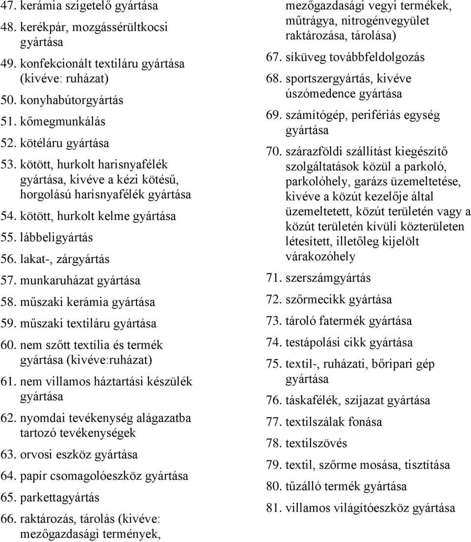 műszaki textiláru 60. nem szőtt textília és termék (kivéve:ruházat) 61. nem villamos háztartási készülék 62. nyomdai tevékenység alágazatba tartozó tevékenységek 63. orvosi eszköz 64.