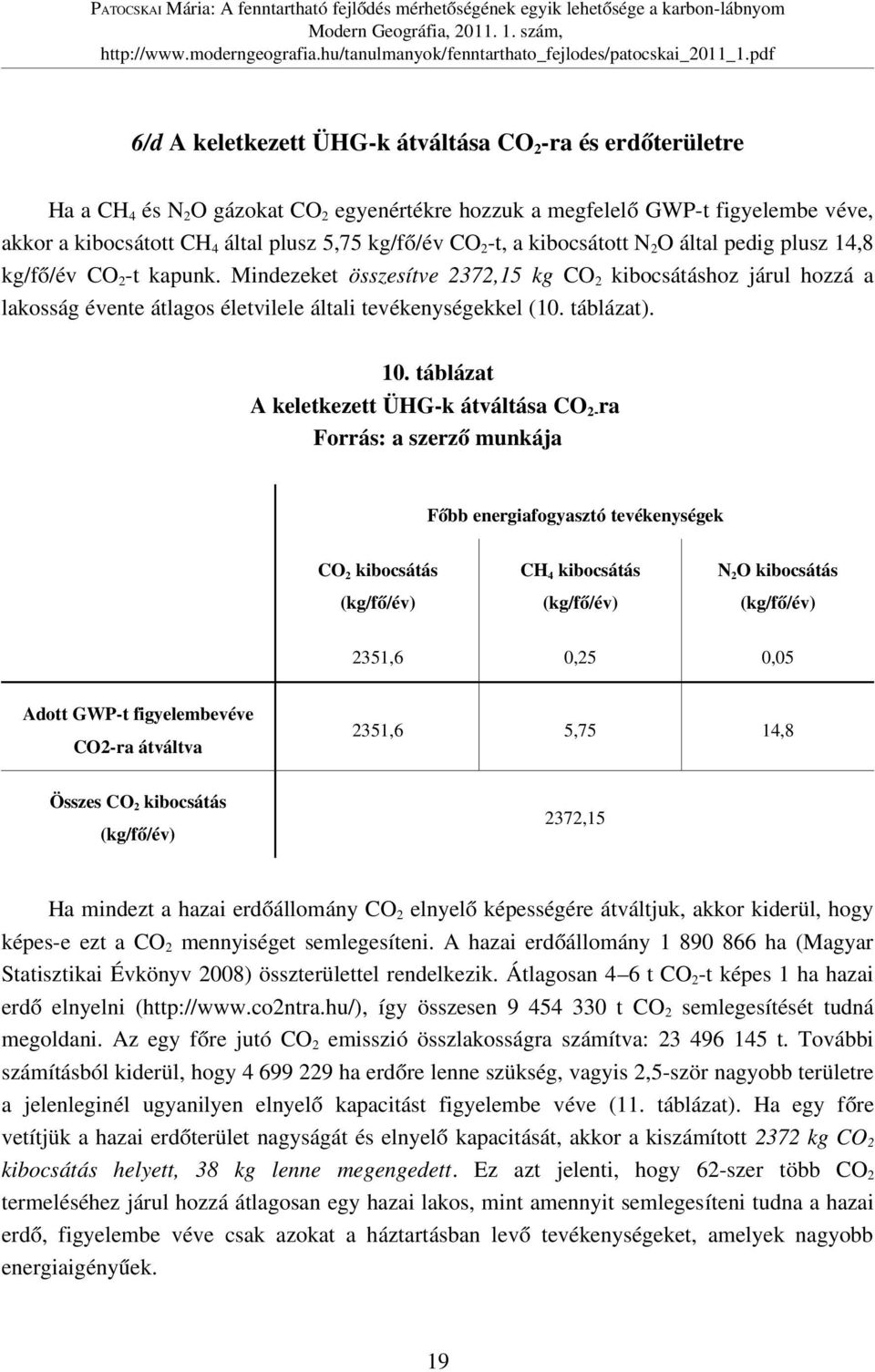 Mindezeket összesítve 2372,15 kg CO 2 kibocsátáshoz járul hozzá a lakosság évente átlagos életvilele általi tevékenységekkel (10. táblázat). 10.