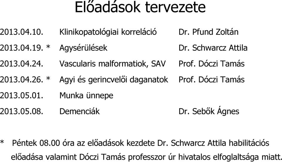 * Agyi és gerincvelői daganatok Prof. Dóczi Tamás 2013.05.01. Munka ünnepe 2013.05.08. Demenciák Dr.