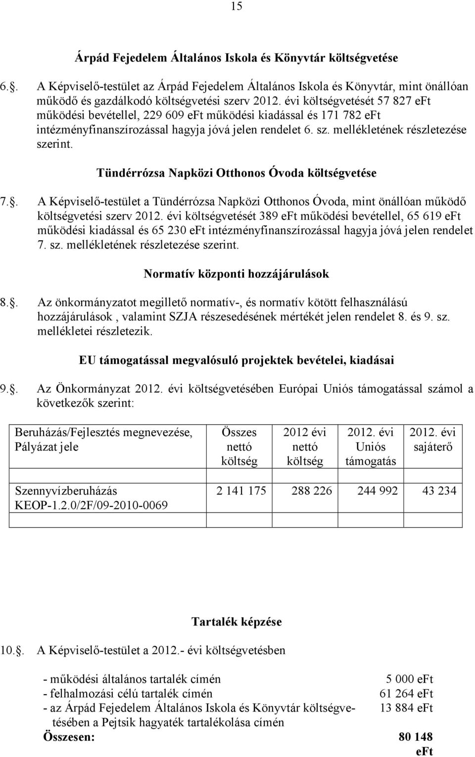 Tündérrózsa Napközi Otthonos Óvoda költségvetése 7.. A Képviselı-testület a Tündérrózsa Napközi Otthonos Óvoda, mint önállóan mőködı költségvetési szerv 2012.