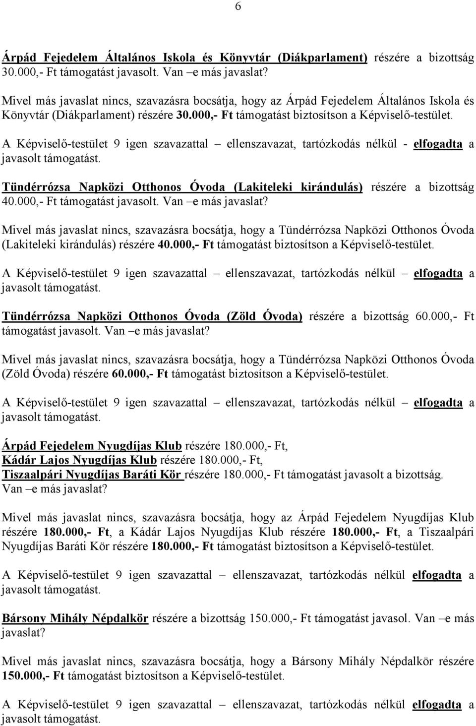 A Képviselı-testület 9 igen szavazattal ellenszavazat, tartózkodás nélkül - elfogadta a javasolt támogatást. Tündérrózsa Napközi Otthonos Óvoda (Lakiteleki kirándulás) részére a bizottság 40.