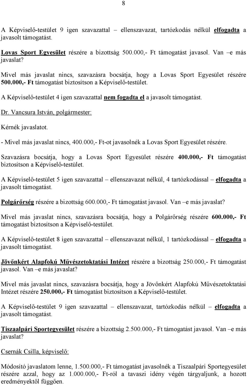 A Képviselı-testület 4 igen szavazattal nem fogadta el a javasolt támogatást. Kérnék javaslatot. - Mivel más javaslat nincs, 400.000,- Ft-ot javasolnék a Lovas Sport Egyesület részére.