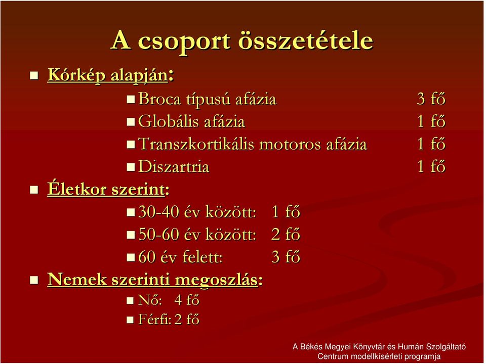 30-40 év v között: k 1 főf 50-60 év v között: k 2 főf 60 év v felett: 3