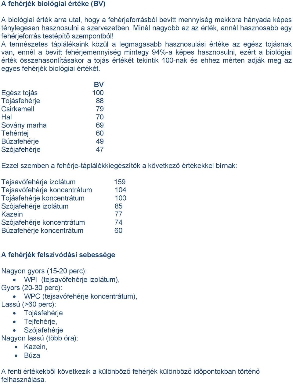 A természetes táplálékaink közül a legmagasabb hasznosulási értéke az egész tojásnak van, ennél a bevitt fehérjemennyiség mintegy 94%-a képes hasznosulni, ezért a biológiai érték összehasonlításakor