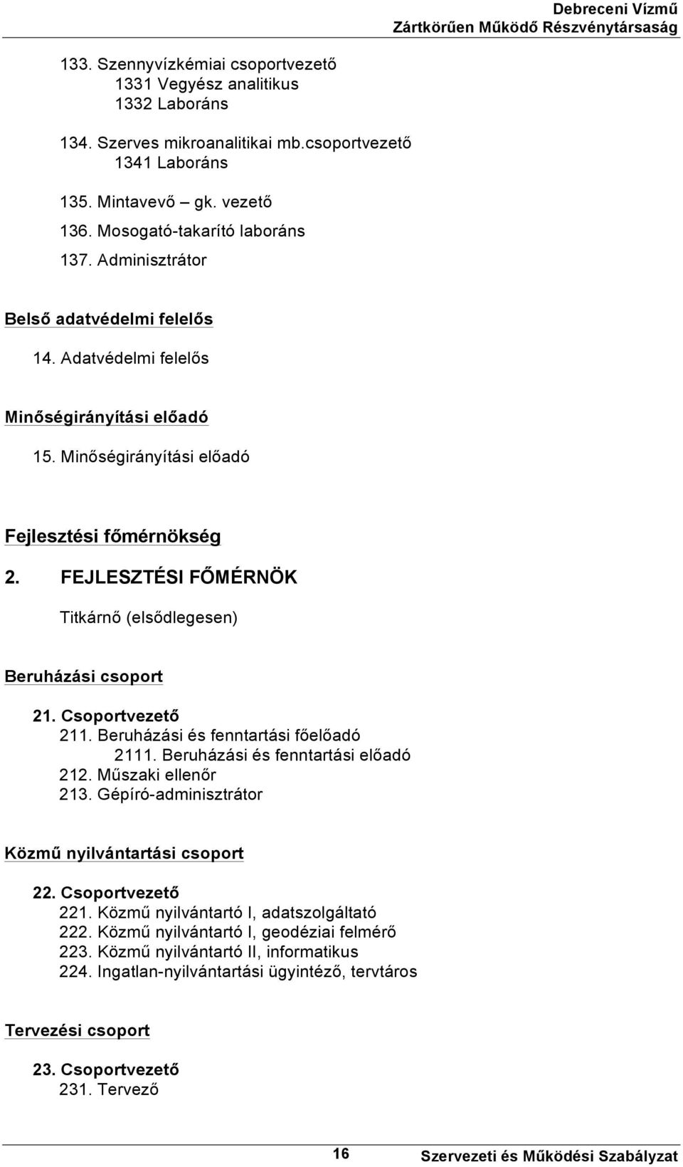 FEJLESZTÉSI FŐMÉRNÖK Titkárnő (elsődlegesen) Beruházási csoport 21. Csoportvezető 211. Beruházási és fenntartási főelőadó 2111. Beruházási és fenntartási előadó 212. Műszaki ellenőr 213.