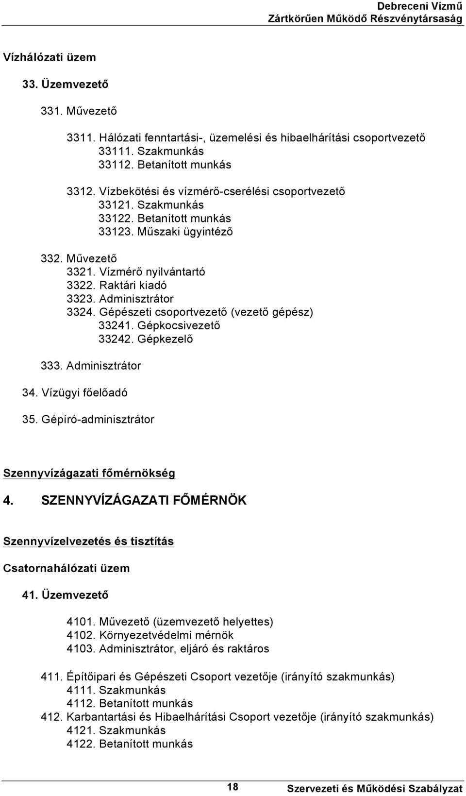 Adminisztrátor 3324. Gépészeti csoportvezető (vezető gépész) 33241. Gépkocsivezető 33242. Gépkezelő 333. Adminisztrátor 34. Vízügyi főelőadó 35. Gépíró-adminisztrátor Szennyvízágazati főmérnökség 4.