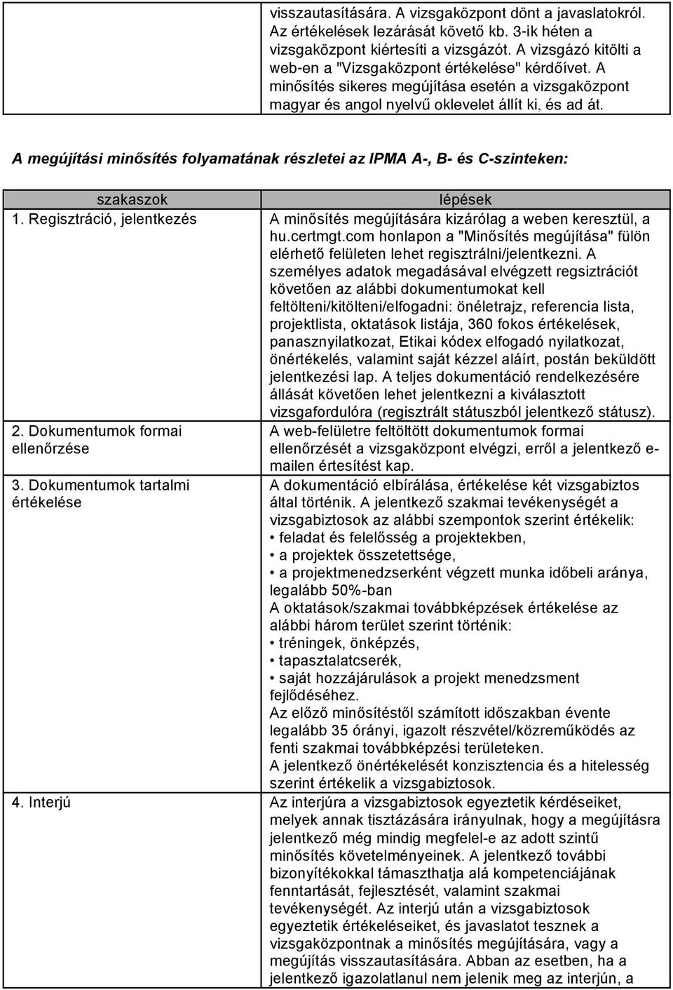 A megújítási minősítés folyamatának részletei az IPMA A-, B- és C-szinteken: szakaszok lépések 1. Regisztráció, jelentkezés A minősítés megújítására kizárólag a weben keresztül, a hu.certmgt.