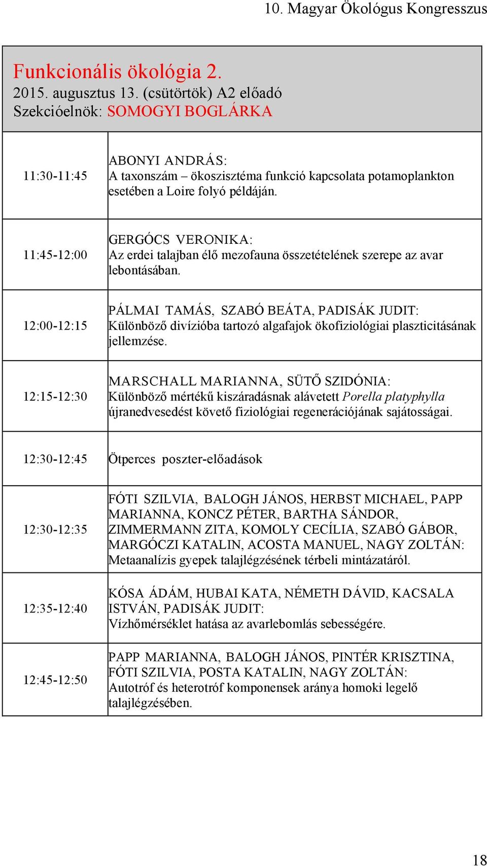 11:45-12:00 GERGÓCS VERONIKA: Az erdei talajban élő mezofauna összetételének szerepe az avar lebontásában.