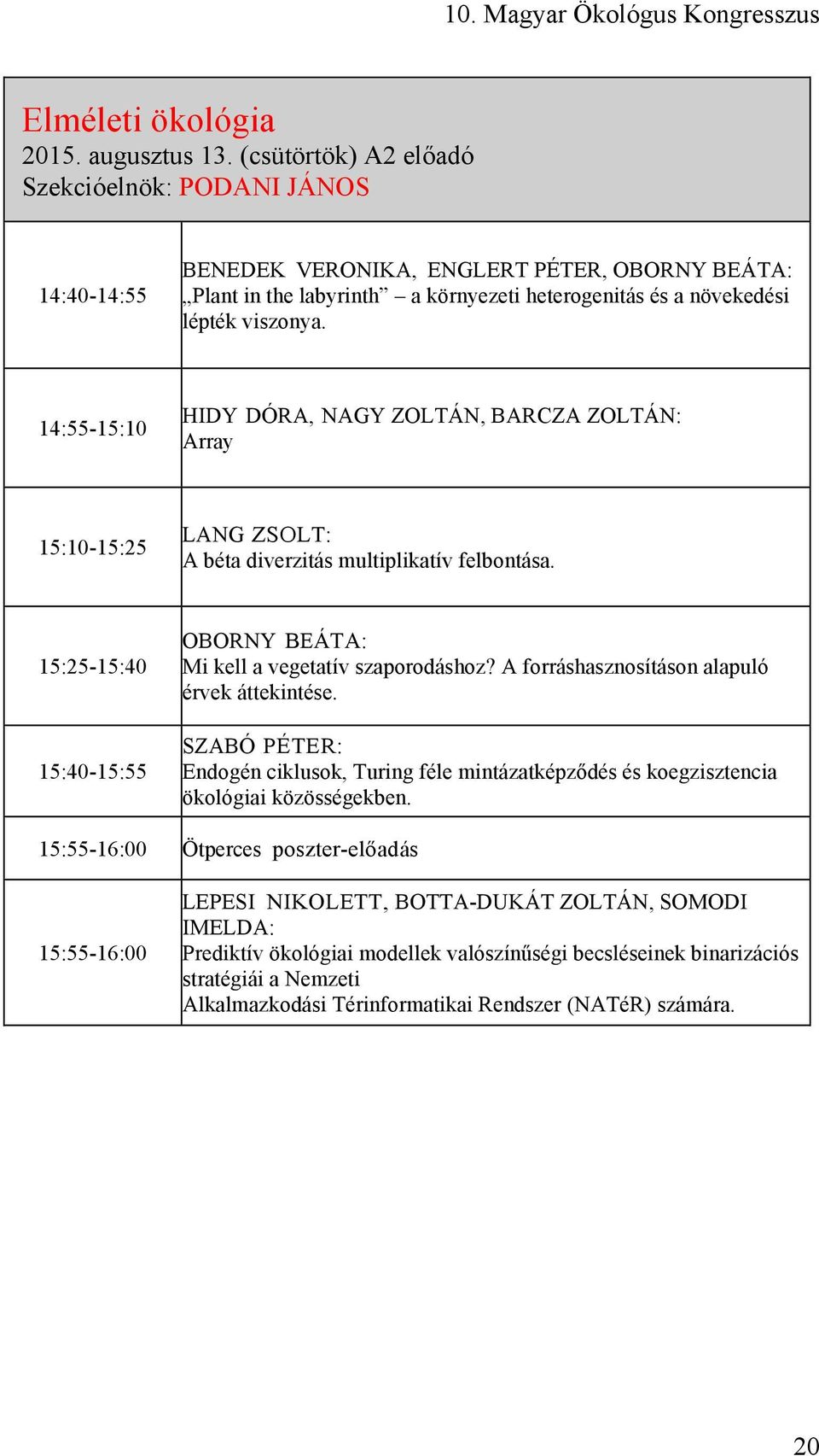 14:55-15:10 HIDY DÓRA, NAGY ZOLTÁN, BARCZA ZOLTÁN: Array 15:10-15:25 LANG ZSOLT: A béta diverzitás multiplikatív felbontása. 15:25-15:40 15:40-15:55 OBORNY BEÁTA: Mi kell a vegetatív szaporodáshoz?