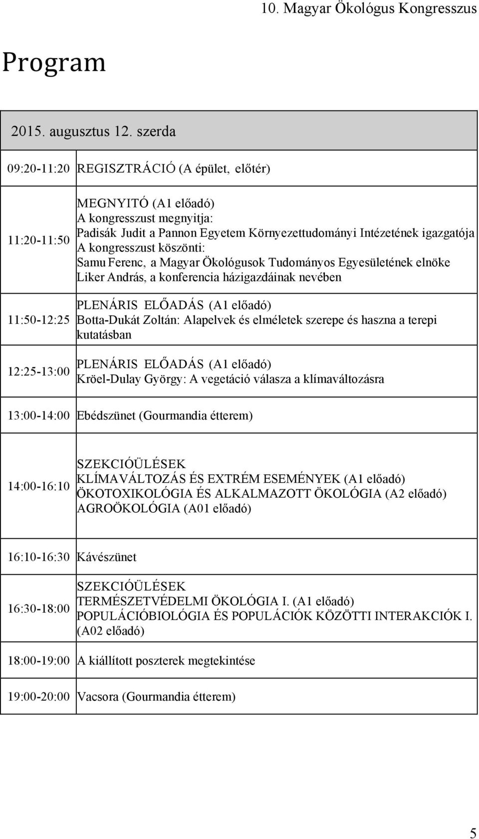 igazgatója A kongresszust köszönti: Samu Ferenc, a Magyar Ökológusok Tudományos Egyesületének elnöke Liker András, a konferencia házigazdáinak nevében PLENÁRIS ELŐADÁS (A1 előadó) Botta-Dukát Zoltán: