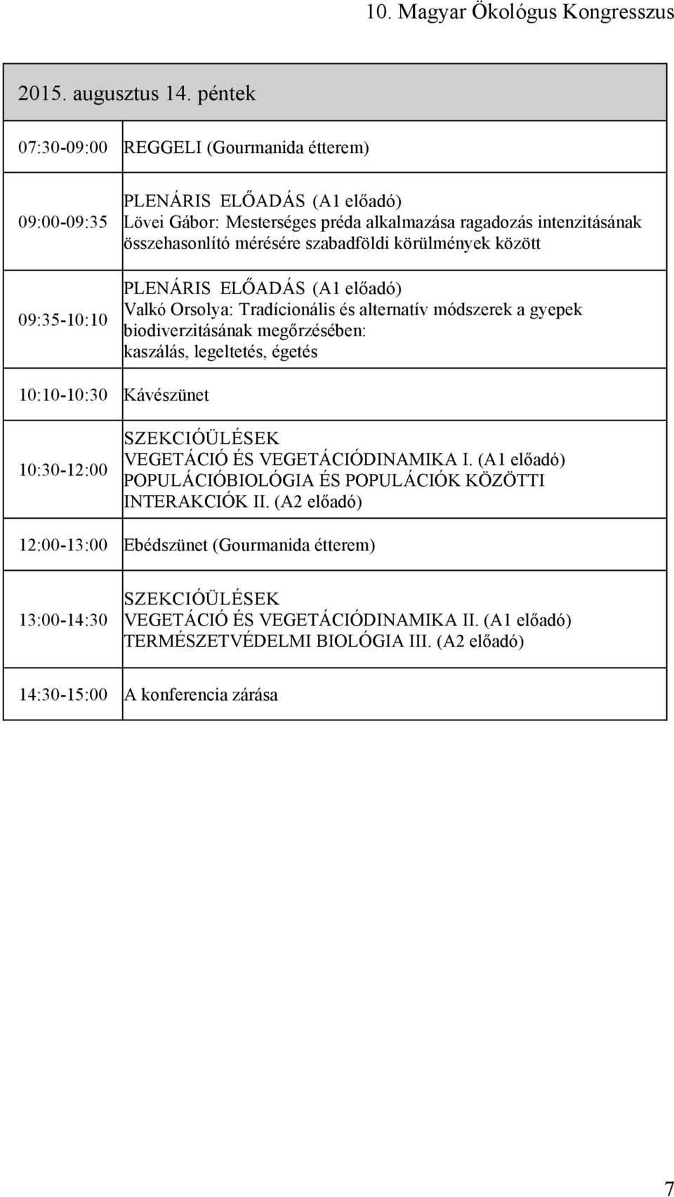 mérésére szabadföldi körülmények között PLENÁRIS ELŐADÁS (A1 előadó) Valkó Orsolya: Tradícionális és alternatív módszerek a gyepek biodiverzitásának megőrzésében: kaszálás, legeltetés,