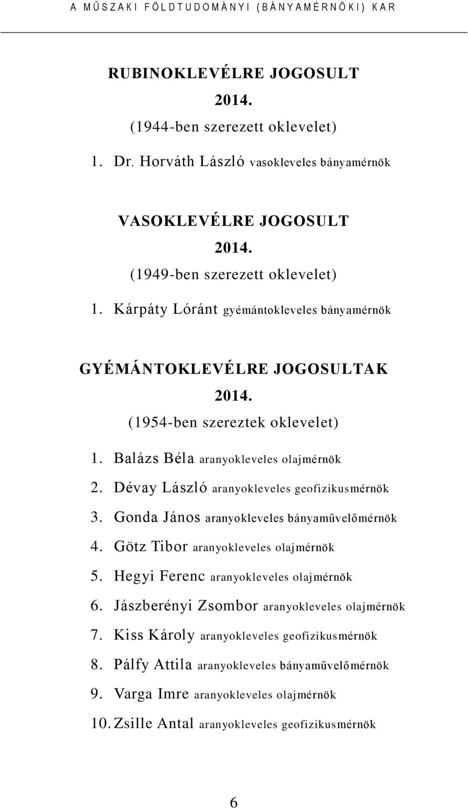 Dévay László aranyokleveles geofizikusmérnök 3. Gonda János aranyokleveles bányaművelőmérnök 4. Götz Tibor aranyokleveles olajmérnök 5. Hegyi Ferenc aranyokleveles olajmérnök 6.