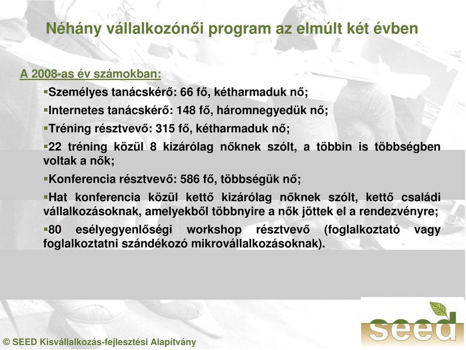 Konferencia résztvevő: 586 fő, többségük nő; Hat konferencia közül kettő kizárólag nőknek szólt, kettő családi vállalkozásoknak, amelyekből