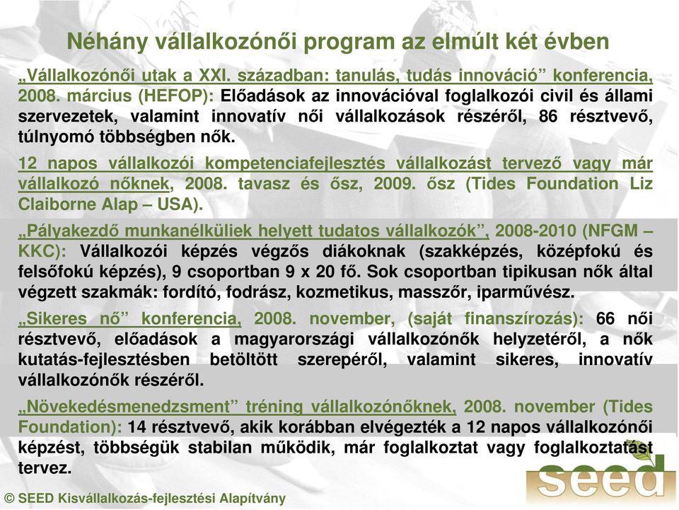 12 napos vállalkozói kompetenciafejlesztés vállalkozást tervező vagy már vállalkozó nőknek, 2008. tavasz és ősz, 2009. ősz (Tides Foundation Liz Claiborne Alap USA).