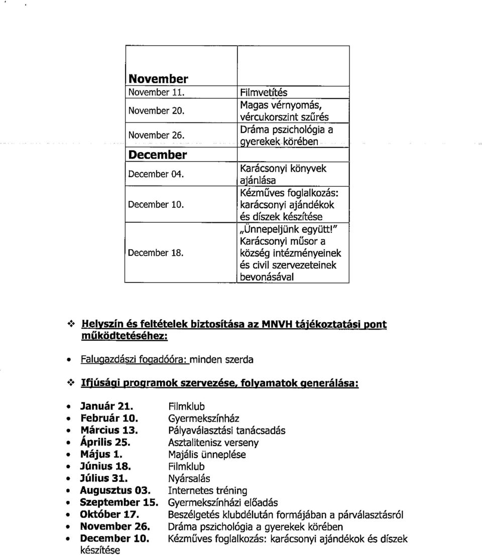 Helyszín és feltételek biztosítása az MNVH tájékoztatási Pont működtetéséhez:. Faluciazdászi fopadóóra: minden szerda 6 Ifiúsági orogramok szervezése, folyamatok generálása:. Január 21.. Február 10.