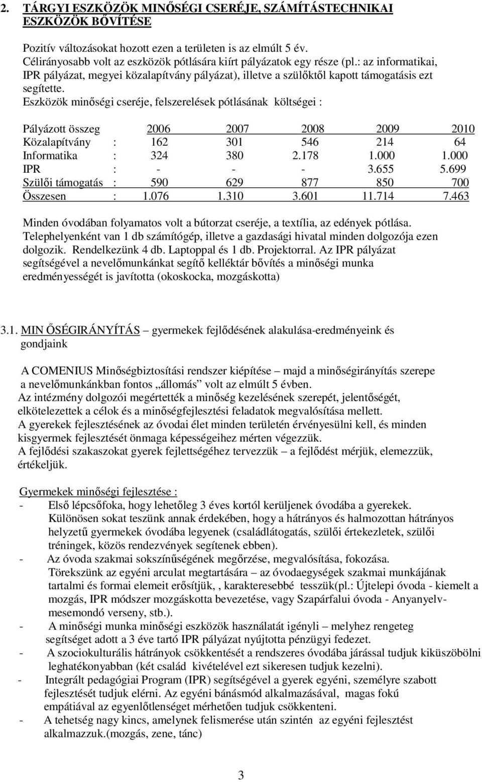 Eszközök minőségi cseréje, felszerelések pótlásának költségei : Pályázott összeg 2006 2007 2008 2009 2010 Közalapítvány : 162 301 546 214 64 Informatika : 324 380 2.178 1.000 1.000 IPR : - - - 3.