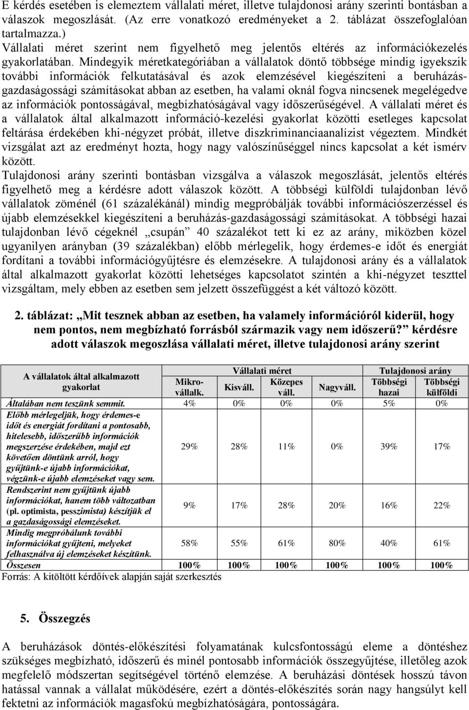 Mindegyik méretkategóriában a vállalatok döntő többsége mindig igyekszik további információk felkutatásával és azok elemzésével kiegészíteni a beruházásgazdaságossági számításokat abban az esetben,