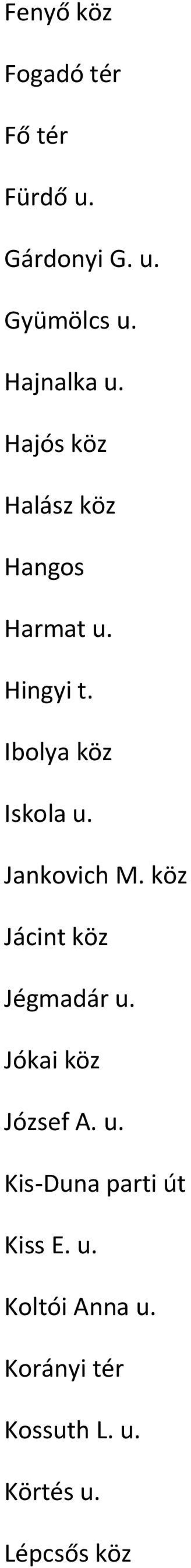 Jankovich M. köz Jácint köz Jégmadár u. Jókai köz József A. u. Kis-Duna parti út Kiss E.