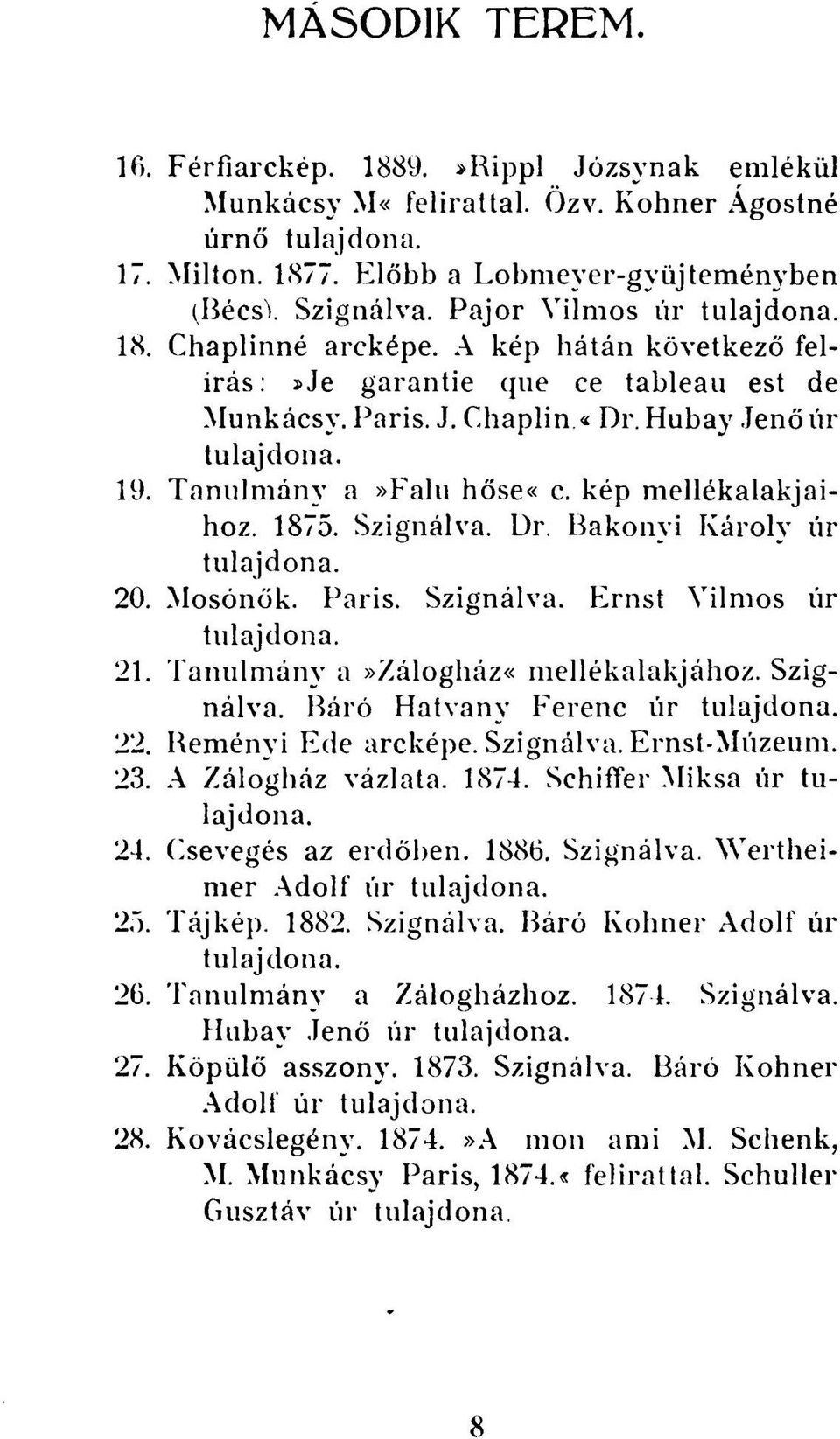 Dr. Bakonyi Károly úr 20. Mosónők. Paris. Szignálva. Ernst Vilmos úr 21. Tanulmány a»zálogház«mellékalakjához. Szignálva. Báró Hatvany Ferenc úr 22. Reményi Ede arcképe. Szignálva. Ernst-Múzeum. 23.