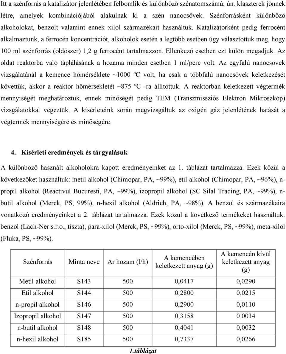 Katalizátorként pedig ferrocént alkalmaztunk, a ferrocén koncentrációt, alkoholok esetén a legtöbb esetben úgy választottuk meg, hogy 100 ml szénforrás (oldószer) 1,2 g ferrocént tartalmazzon.