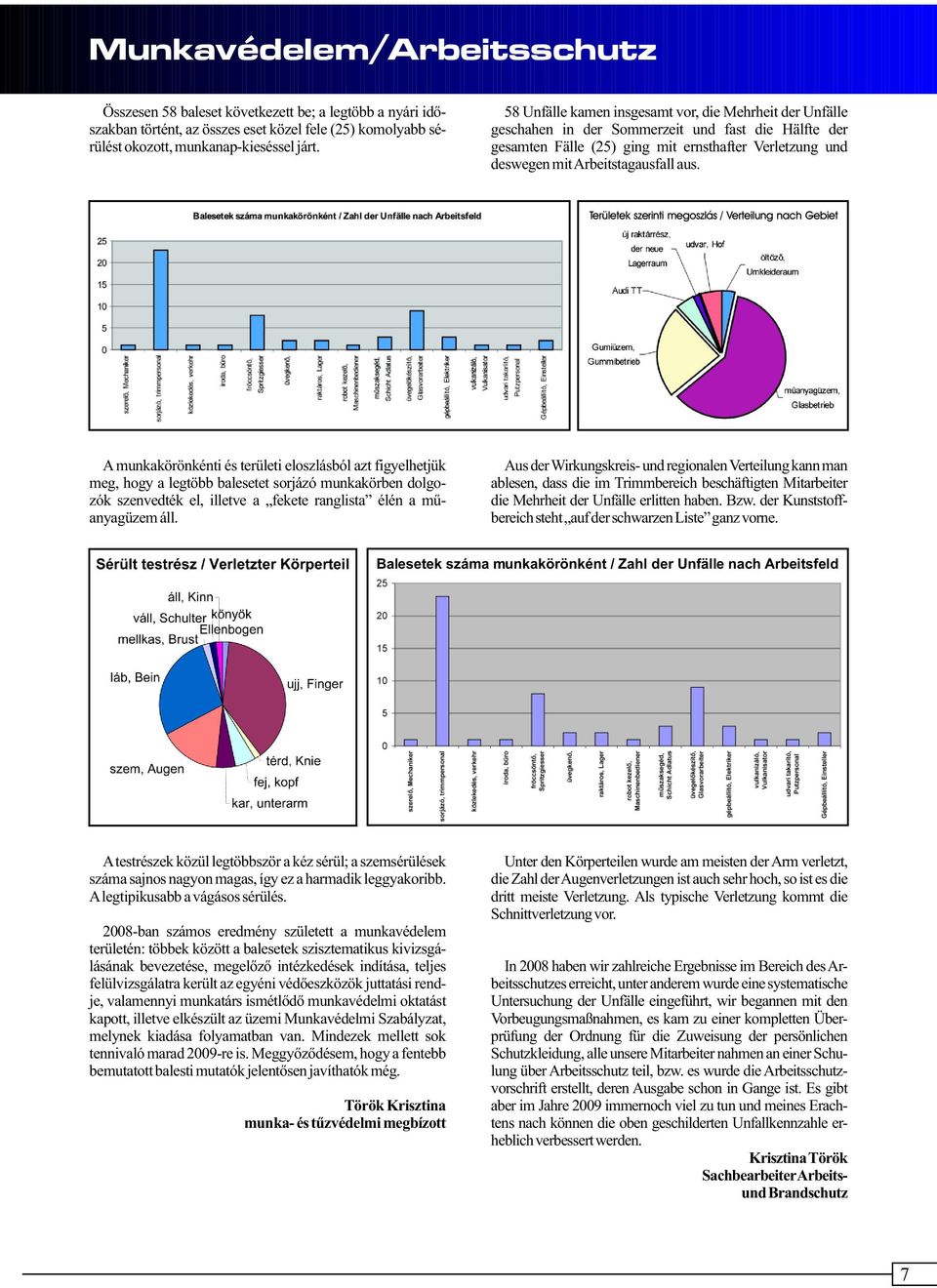Területek szerinti megoszlás / Verteilung nach Gebiet A munkakörönkénti és területi eloszlásból azt figyelhetjük meg, hogy a legtöbb balesetet sorjázó munkakörben dolgozók szenvedték el, illetve a