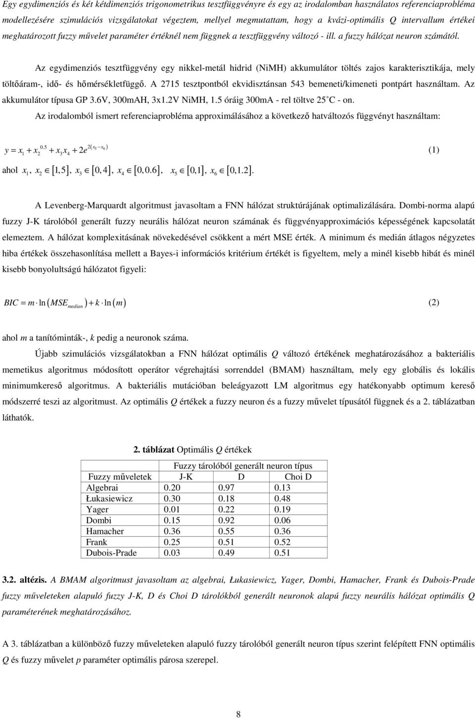 Az egydimenziós tesztfüggvény egy nikkel-metál hidrid (NiMH) akkumulátor töltés zajos karakterisztikája, mely töltıáram-, idı- és hımérsékletfüggı.