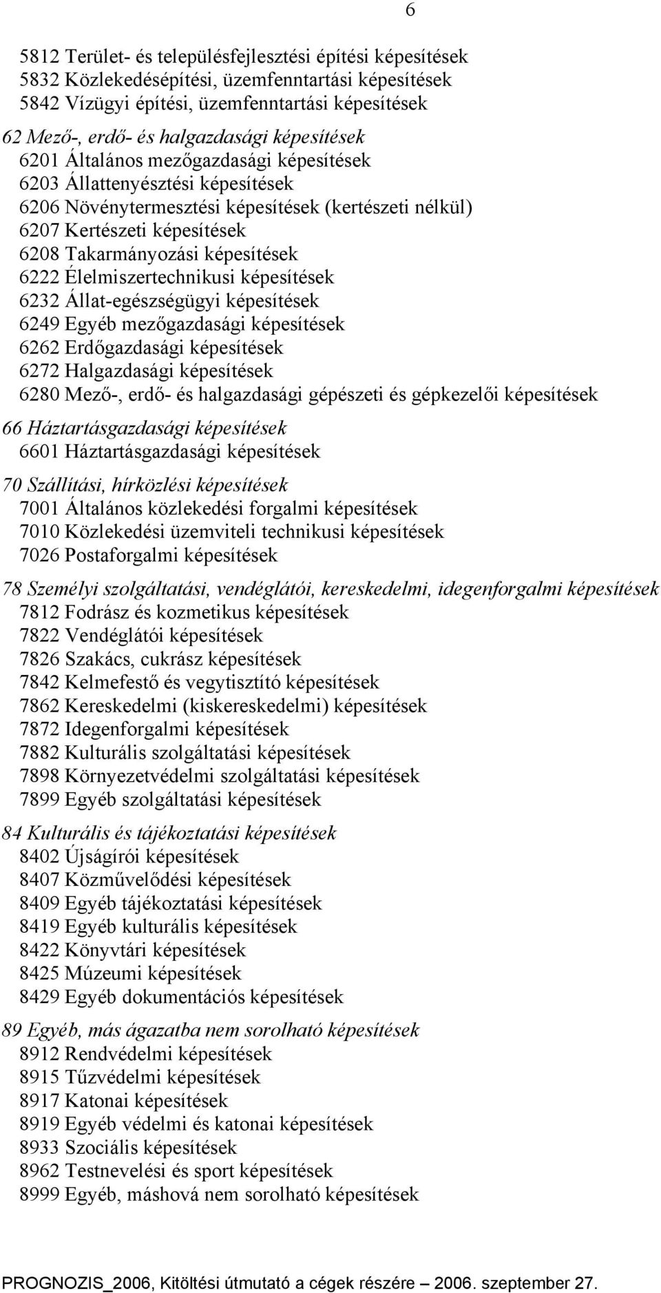 képesítések 6222 Élelmiszertechnikusi képesítések 6232 Állat-egészségügyi képesítések 6249 Egyéb mezőgazdasági képesítések 6262 Erdőgazdasági képesítések 6272 Halgazdasági képesítések 6280 Mező-,