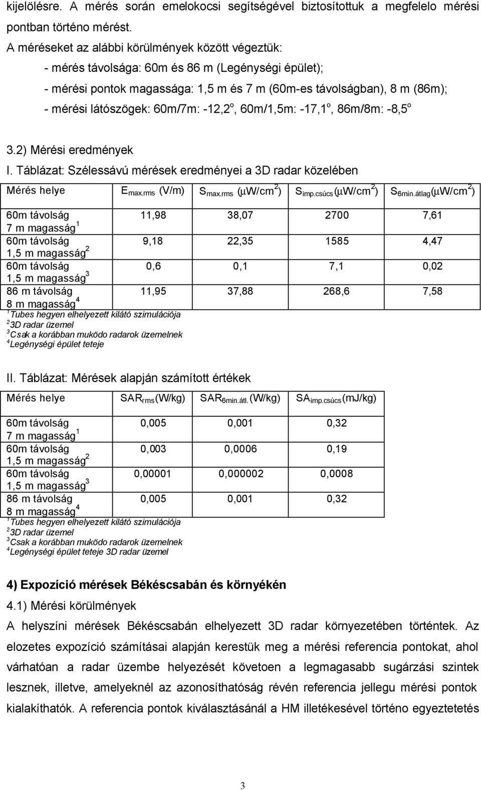 60m/7m: -12,2 o, 60m/1,5m: -17,1 o, 86m/8m: -8,5 o 3.2) Mérési eredmények I. Táblázat: Szélessávú mérések eredményei a 3D radar közelében Mérés helye E max.rms (V/m) S max.rms (µw/cm 2 ) S imp.