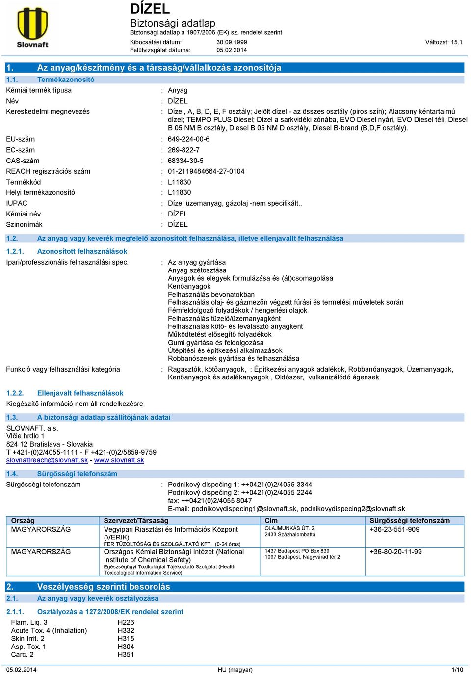 .1 Felülvizsgálat dátuma 05.02.2014 1. Az anyag/készítmény és a társaság/vállalkozás azonosítója 1.1. Termékazonosító Kémiai termék típusa Név Kereskedelmi megnevezés Anyag DÍZEL EU-szám 649-224-00-6