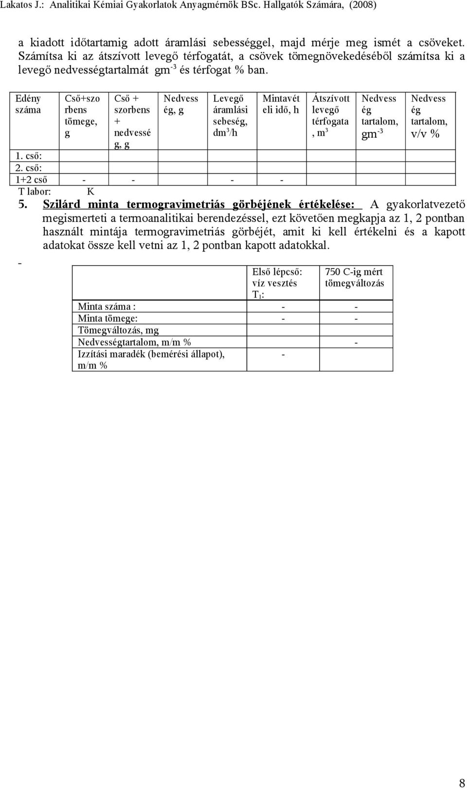 Edény száma Cső+szo rbens tömee, Cső + szorbens + nedvessé, Nedvess é, Leveő áramlási sebesé, dm 3 /h Mintavét eli idő, h 1. cső: 2.